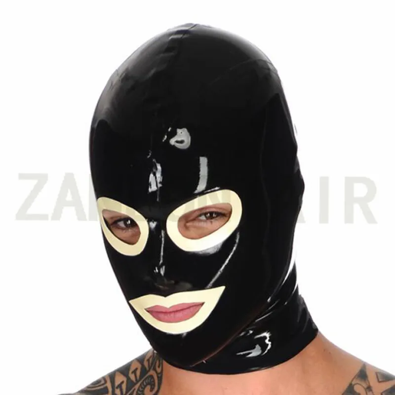 

Club Wear Sexy Lingerie Unisex Handmade Black Latex Hoods Mask Drama Face open Eyes Mouth Customize Cekc Costume Back zipper