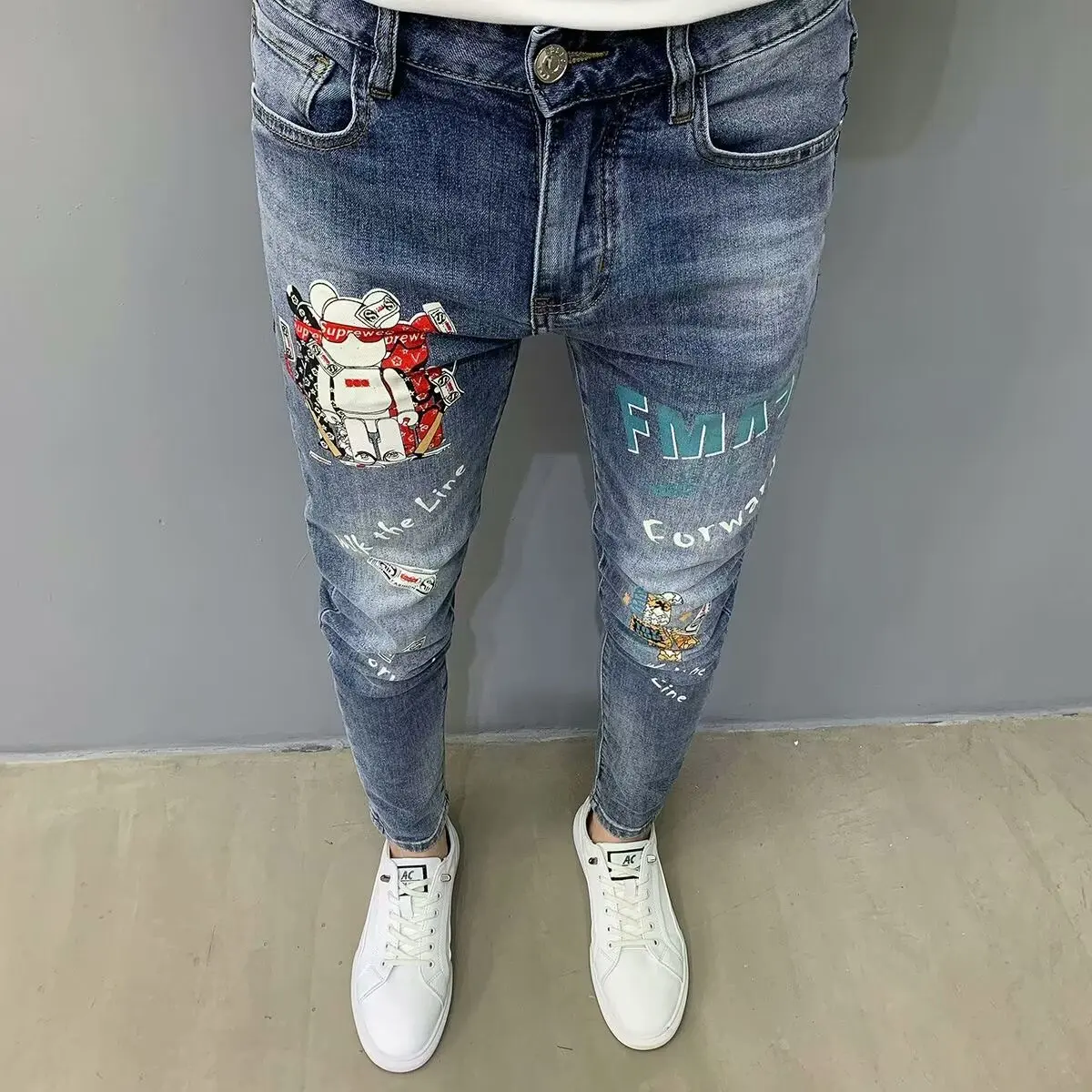 

Ele Printed Jeans Men's Spring Autumn Slim Fit Trendy Brand Haome Elastic Casual Ankle-Length Pants