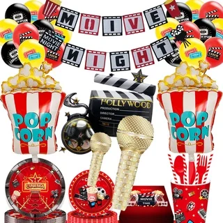 Camera Movie Popcorn Microphone Balloon for Night Party Decor, Retro Happy Birthday Banner, Garland Supply