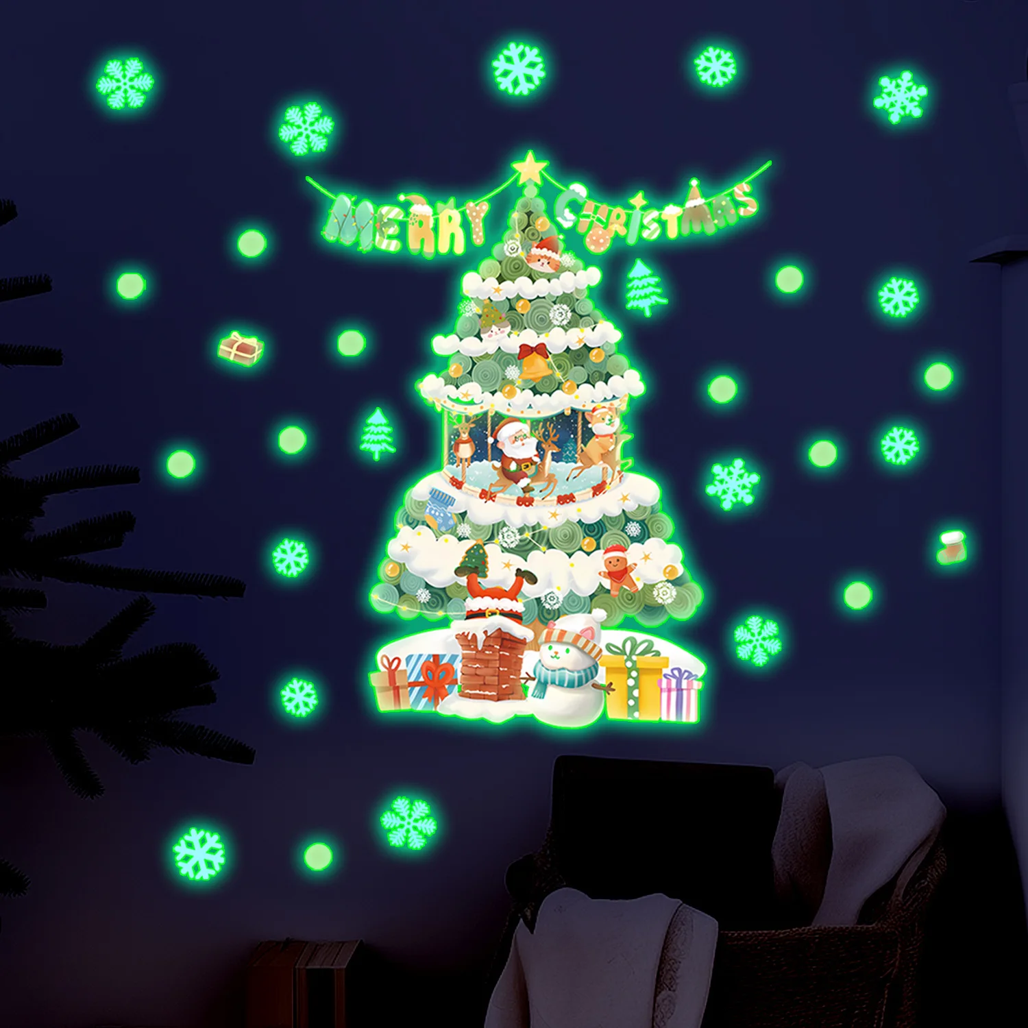 Christmas Window Glow Stickers Santa Claus Xmas Tree Cartoon Glass Decal Merry Christmas New Year Holiday Decorations for Home