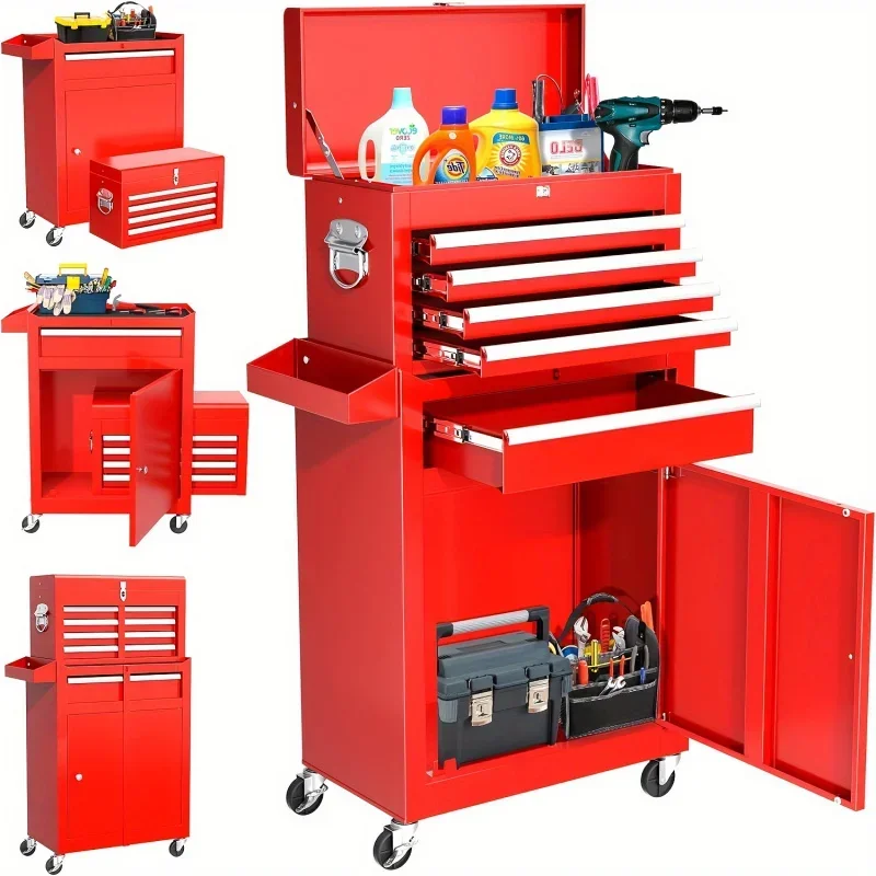 Metal Tool Chest, 5-Drawer Rolling Tool Cart With Wheels, 2 In 1 Detachable Tool Cabinets, Liners And Locking SystemFor