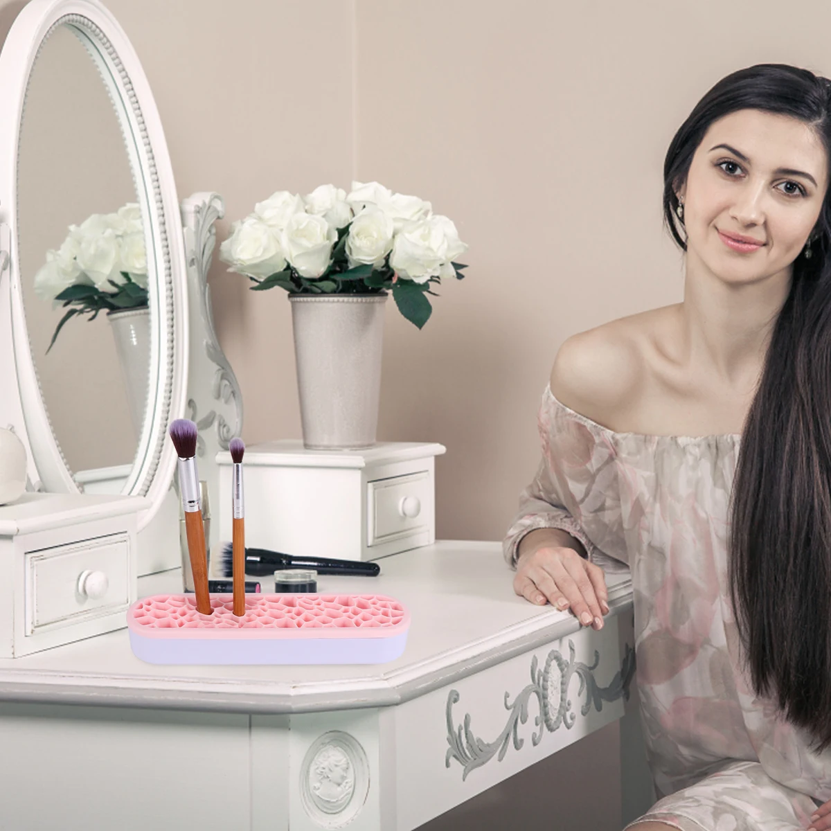 

1 Piece Makeup Brush Organizer Holder Silicone Makeup Brush Rack Drying Shelf for Travel Home Storage Pink