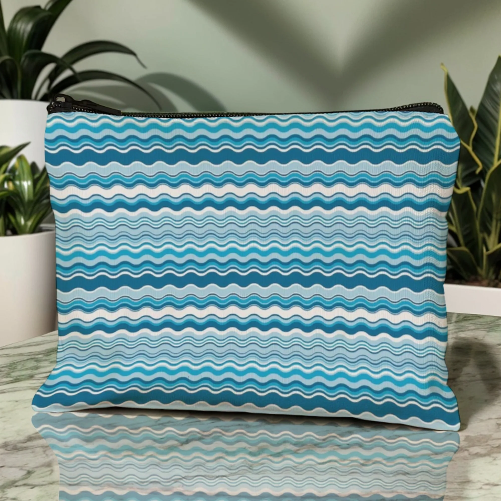 Borsa per cosmetici alla moda con stampa di onde blu Ombre da turchese a onde blu marine Custodia leggera con cerniera per regali di viaggio e trucco