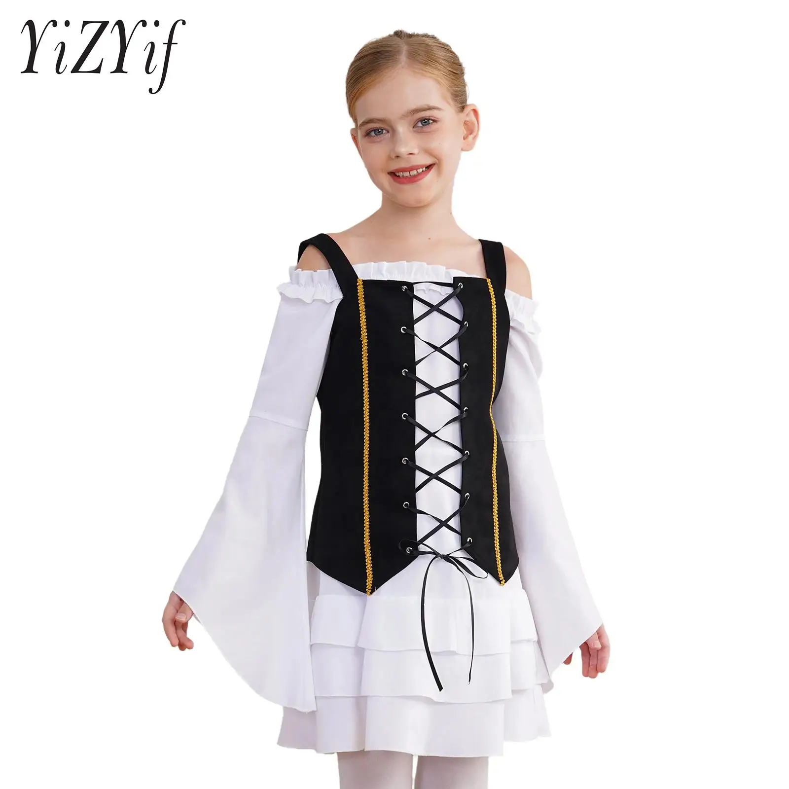 Kids Girls Halloween Victorian Pirate Costume Long Sleeve Tiered Ruffle Dress And Lace-up Suede Vest Sets Performance Costume