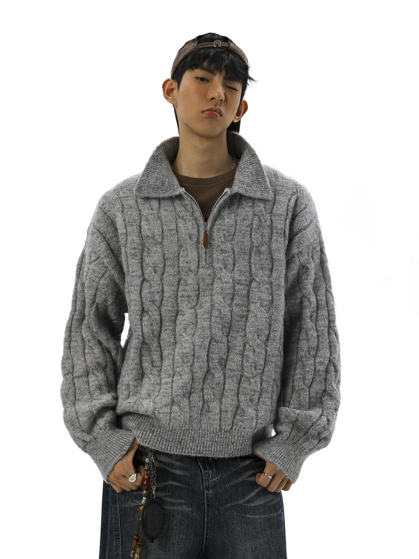 

American Retro Twist Knit Sweater f Zip Collar Men Women Sle Autumn Winter Lazy Cool Knitted Coat Trendy Loose Fit