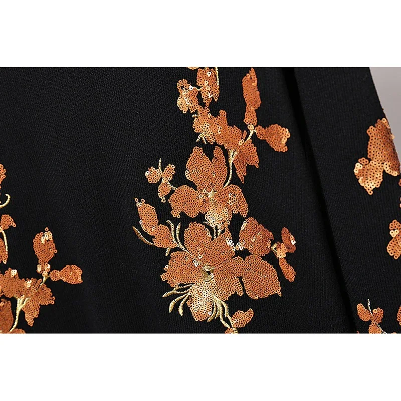 Heavy Work Sequins Embroidery Knitted Tracksuits Set Women Fashion Black Pullover Sweater Long Pants Two Piece Outfits Female