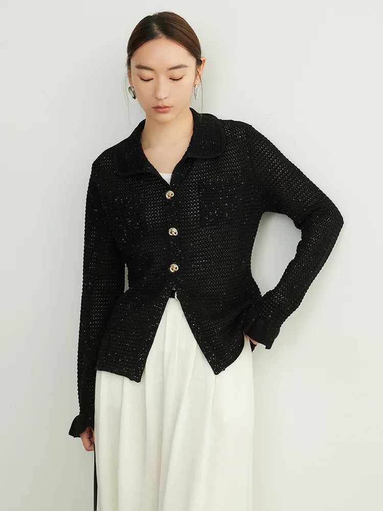 SuyaDream, Women Black Cardigans, 32.4%Wool, Turn Down Collar, Hellow Out Chic Sweaters, 2024 Fall Winter Jackets