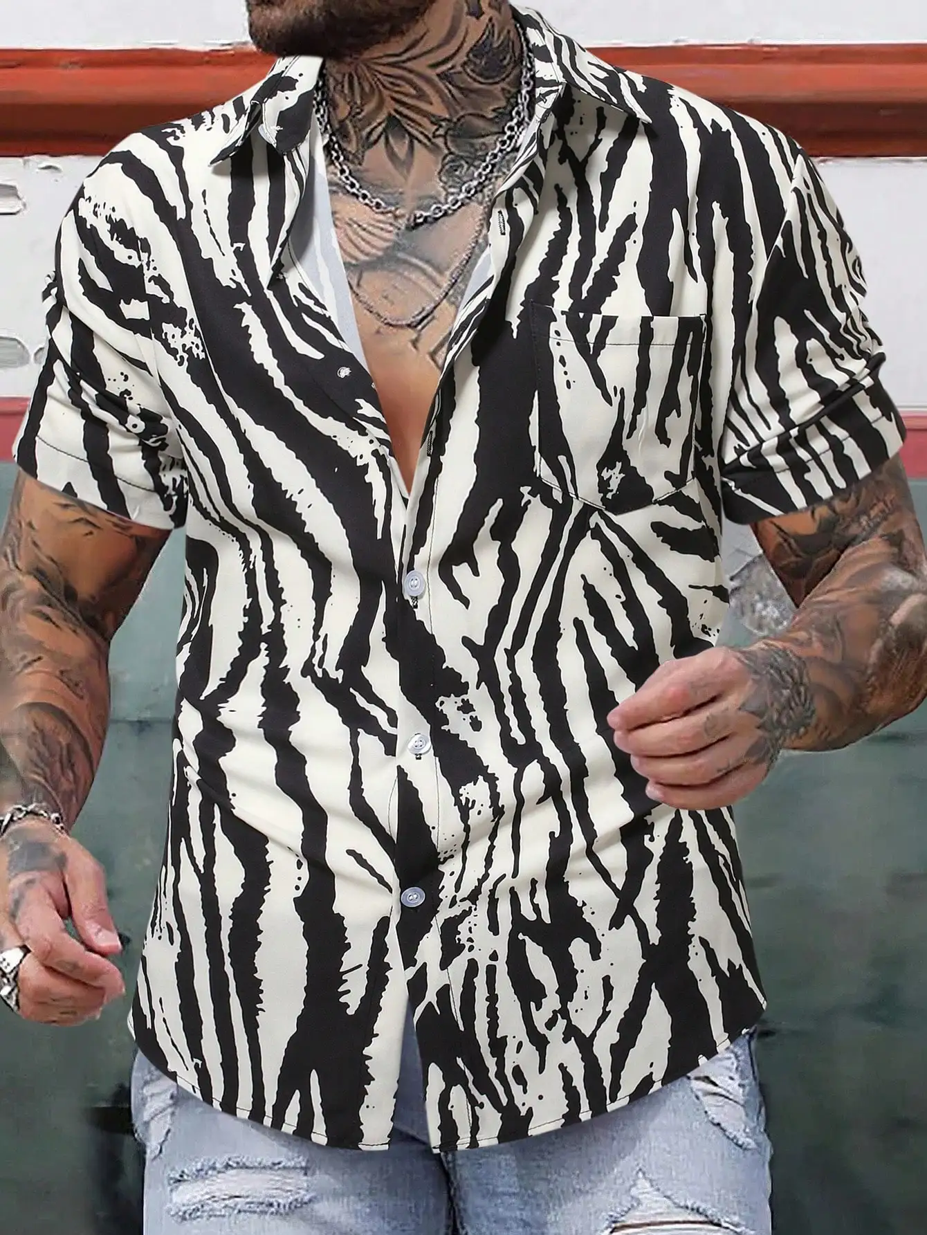

Men's Casual Short Sleeve Shirt with Bold Zebra Print Pattern, Button-Down Collar
