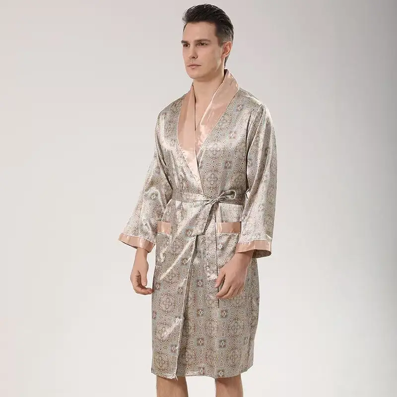 Spring and summer men's silk nightgown added fat oversized fat man bathrobe plus size fat pajama single piece nightgown