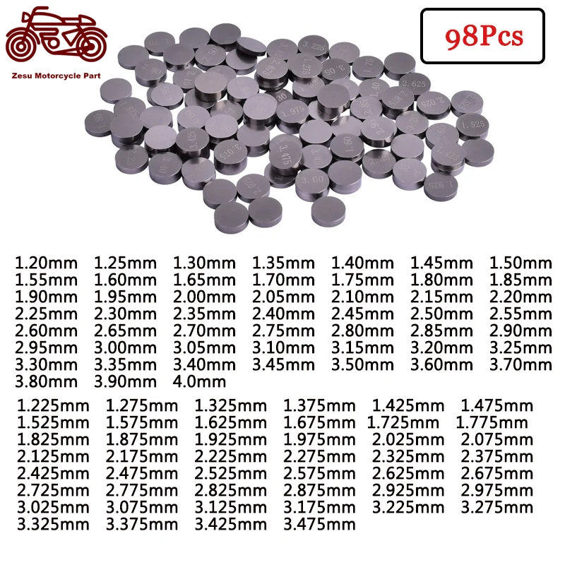 

98pcs Motorcycle Engine Parts Adjustable 9.48mm Valve Shims Kit for KAWASAKI VN800 VN900 ZX1000 Valve Shim 1.225-3.475 1.2-4.0