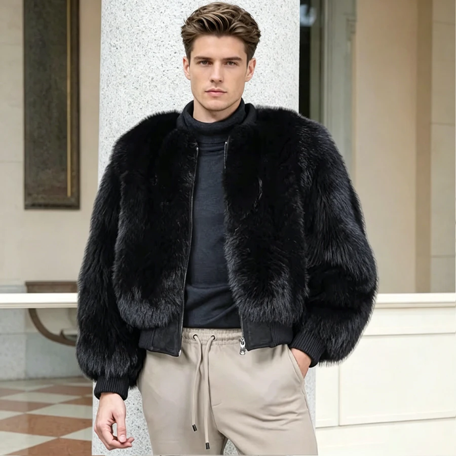 Real Fox Fur Zippered Bomber Jacket Black Natural Fox Fur Jacket With Round Collar Bolero Jacket Fashion Genuine Leather Jacket