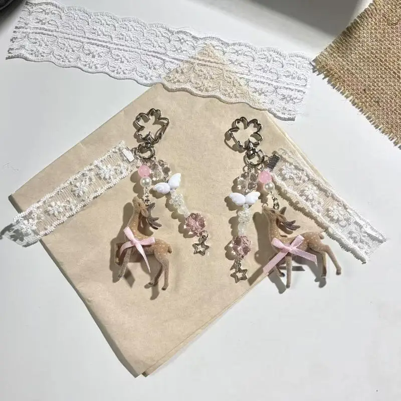 1Pcs Cute Deer Keychain Handmade Korean Style DIY Beaded Pendant Phone Charms Portable Decor Accessory
