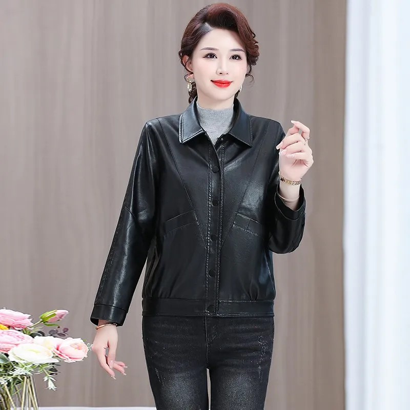 New Coat Women Spring Autumn New Korean Outwear Slim Middle-Aged Elderly Leather Jacket PU Leather Coats Female shortTop