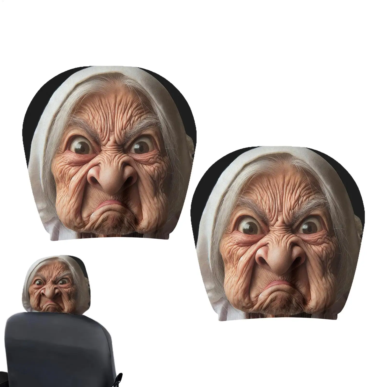 Universal Funny Old Lady Face Printed Car Headrest Cover 2Pcs Elastic Washable Auto Head Protector Fashion Car Decor for Daily
