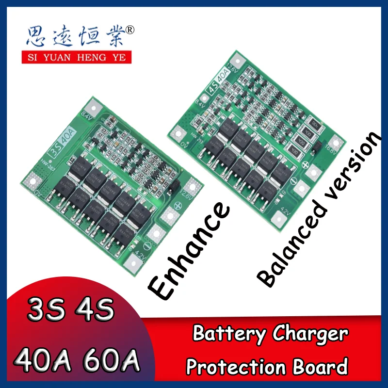 1pcs 3S 4S 40A 60A Li-ion Lithium  Charger Protection Board 18650 BMS For Drill Motor 11.1V 12.6V/14.8V 16.8V Enhance Balance