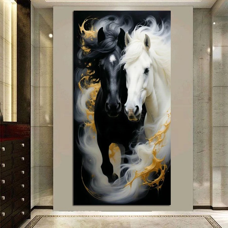 أبيض وأسود الحصان حجم كبير جديد Diy الماس الفنون اللوحة مجموعات الحيوانات الحفر الكامل فسيفساء التطريز صورة جدار ديكور