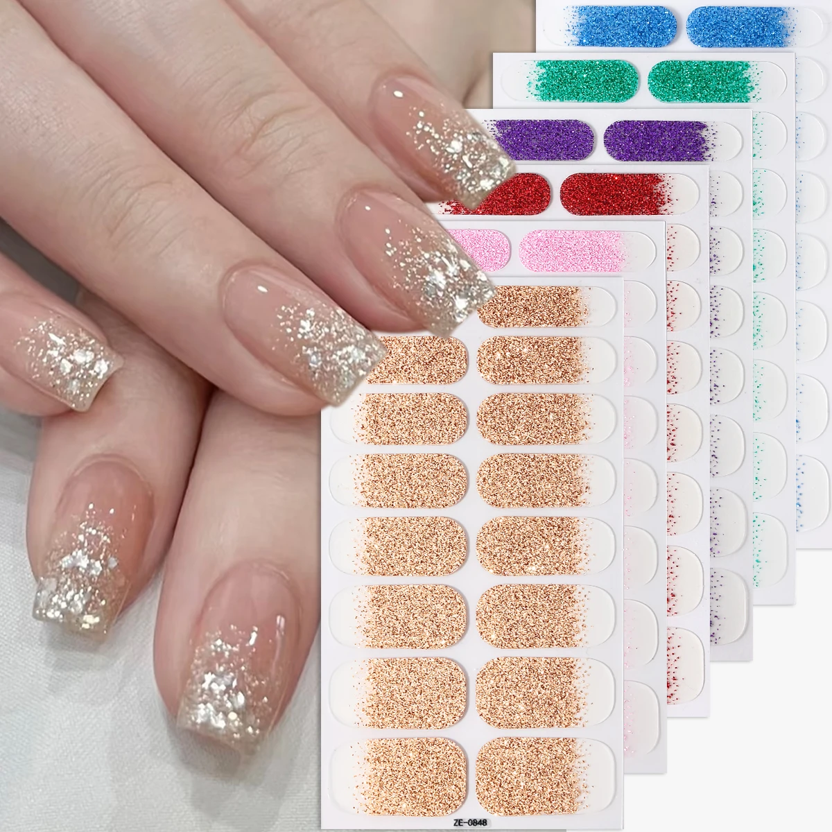 16 Tipps/6 Blatt Full Cover Nagelaufkleber Farbverlauf Funkelnde Nagellackstreifen Glitzer Nail Art Aufkleber DIY Maniküre Dekoration