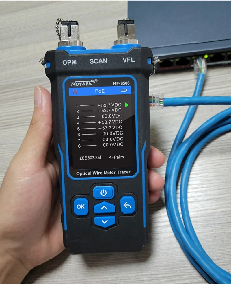 NOYAFA NF-8508 شبكة كابل تستر LCD الرقمية القابلة لإعادة الشحن شبكة خط مكتشف سلك المقتفي PoE مدقق سلك بصرية متر