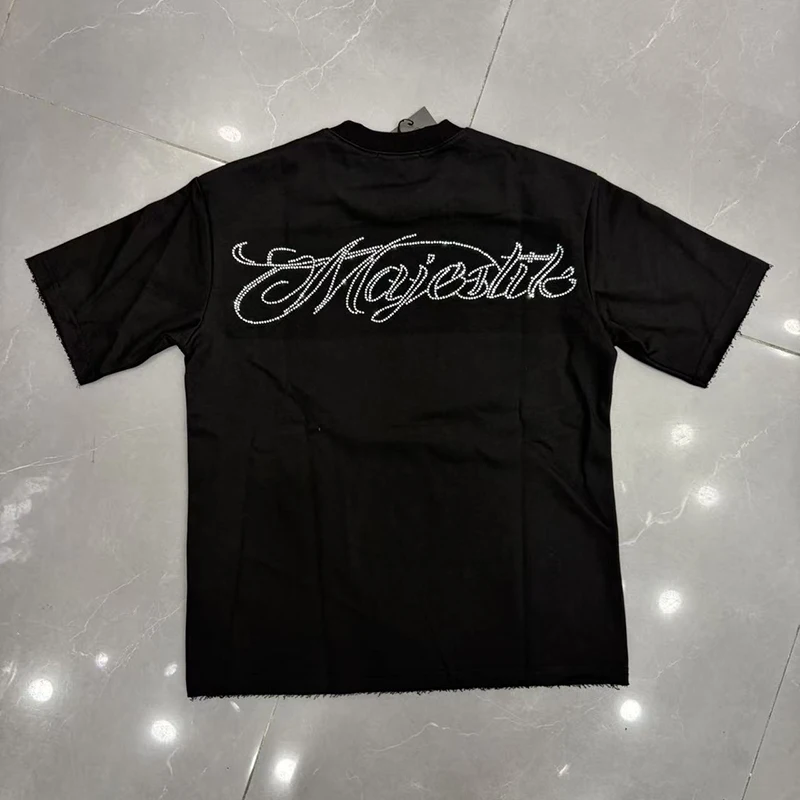 Men Women Bling Rhinestone T Shirts Summer Streetwear Loose Cotton High Street Washed T-shirts Oversized MAJESTIK Short Sleeve