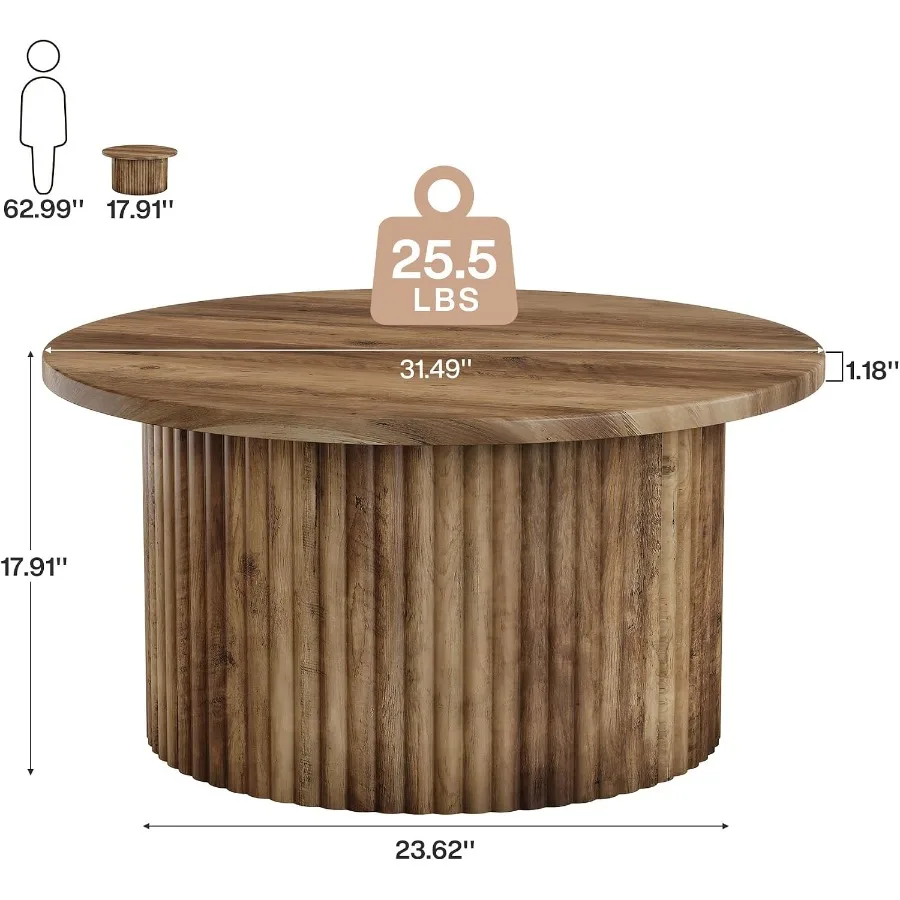 Round Coffee Table for Small Space, Living Room, Apartment: Wooden Grain Veneer Top, Fluted Drum Base, Modern Farmhouse Style,