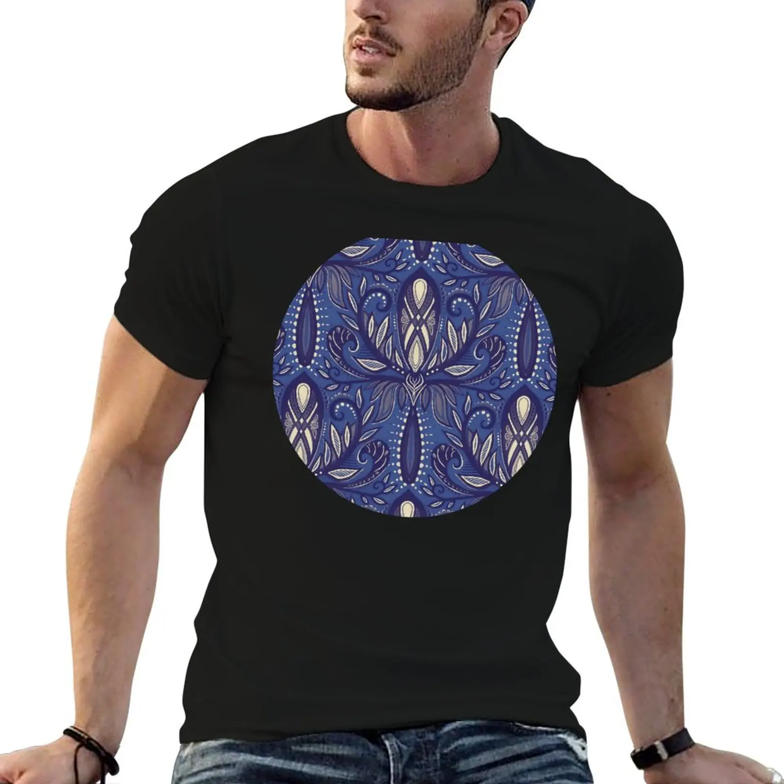 Blue Purple, Indigo and Cream Boho Abstract Botanical Damask T-Shirt printed t shirts for man man t shirts cotton T-Shirt