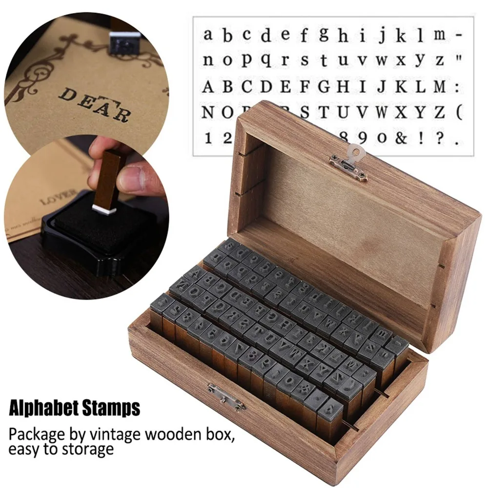 

70pcs Wooden Box Alphabet Rubber Stamps Lower Case Capital Letters Rubber Letter Stamps Rectangular Wood Rubber Stamps