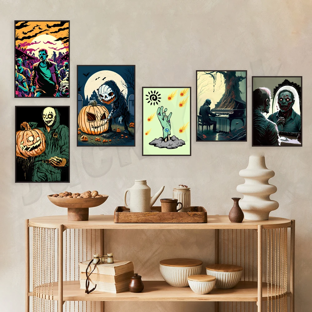 Pumpkin art, halloween decoration, gothic, witch, vampire portrait, zombie poster print for living room office home decoration