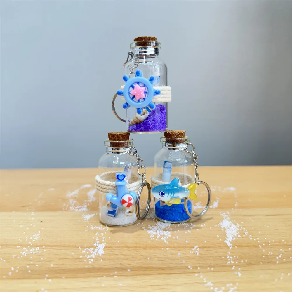 2PC Creative Quicksand Bottle Ornaments Sea Sand Bottle Wishing Bottle Key Chain Beach Beach Small Gift Diy Mediterranean Craft