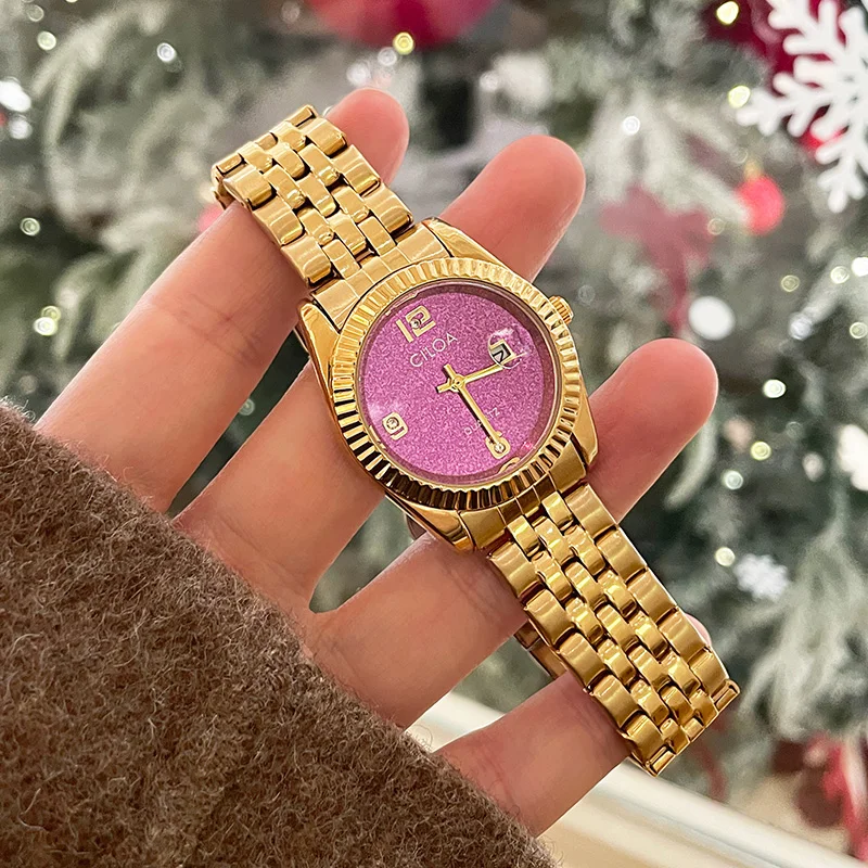 

CILOA Luxury Gold Watch for Women Pink Glitter Dial Stainless Steel Band Fashion Casual Quartz Wristwatch