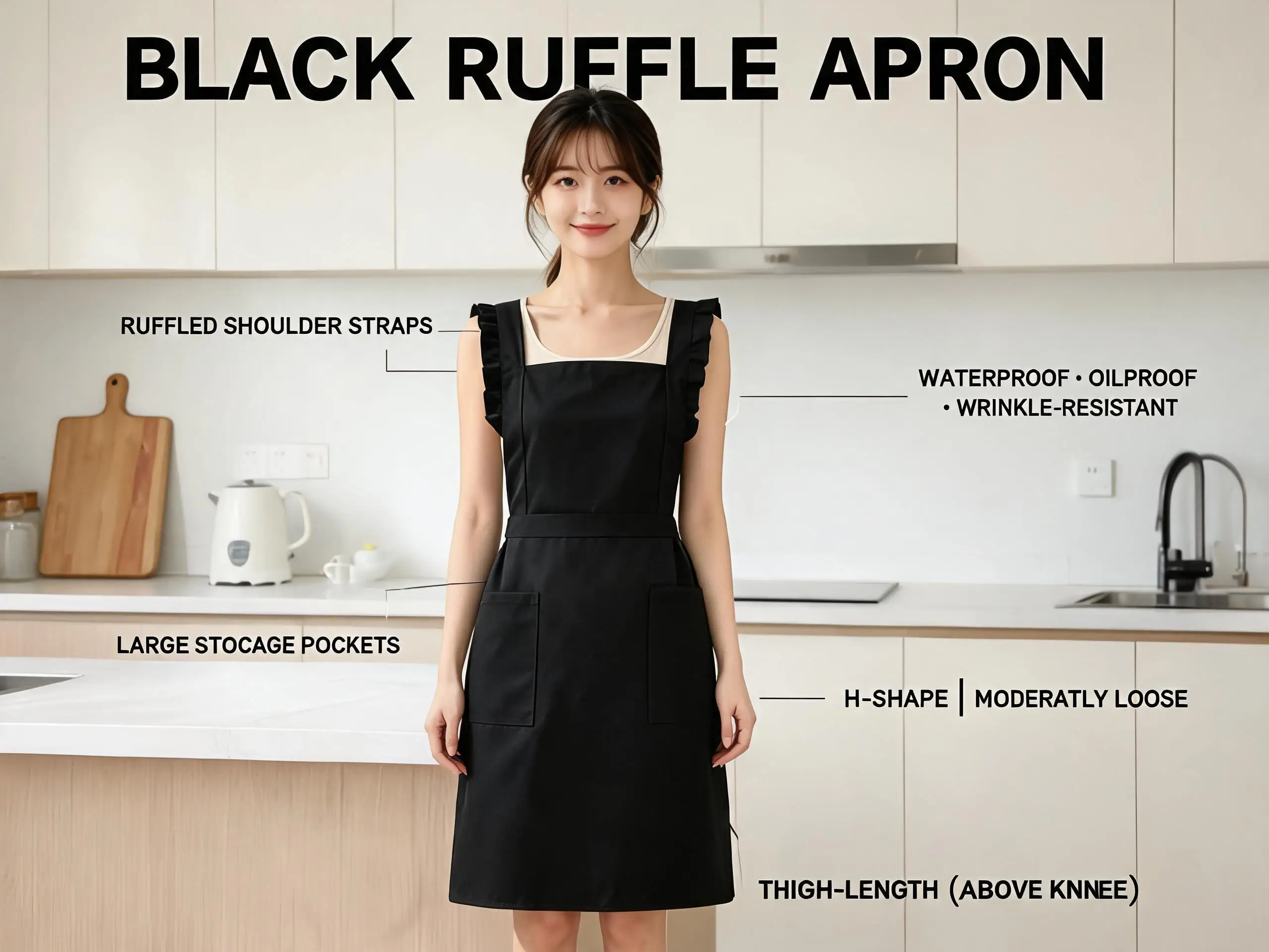 Black Ruffled Strap Stain Resistant One Size Kitchen Apron with 2 Large Pockets for Women Home Cooking & Service Staff