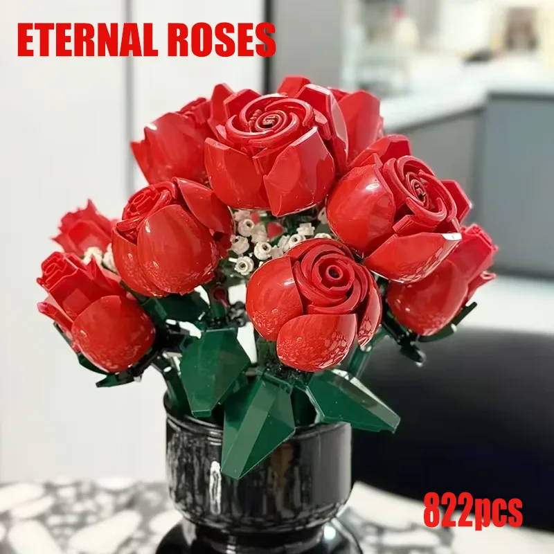 Blocs de construction de Bouquet, 822 pièces, fleur de Rose romantique créative, décoration de plante de bureau à domicile, briques à assembler, jouets, cadeau pour anniversaire