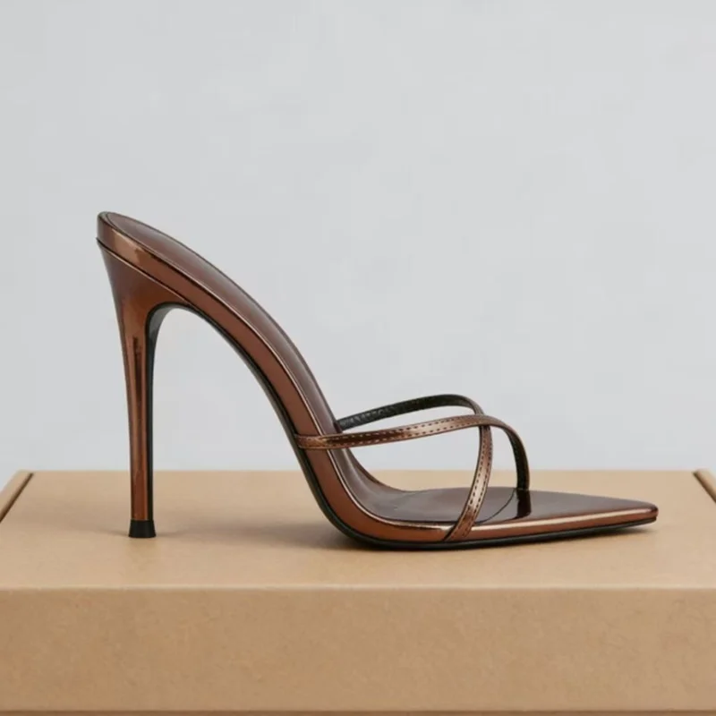 Silver Cross Strap Metallic Leather Heel Sandals Sexy Pointy Toe Slip On Summer Mules Shoes Thin Heels