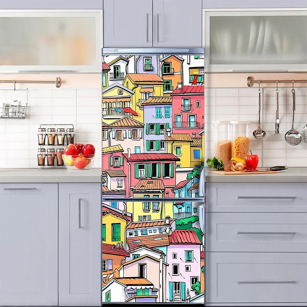 Splice Graffiti 3D Fridge Mural Sticker Waterproof Vinyl Self Adhesive Village Retro Poster Design Refrigerator Door Stickers