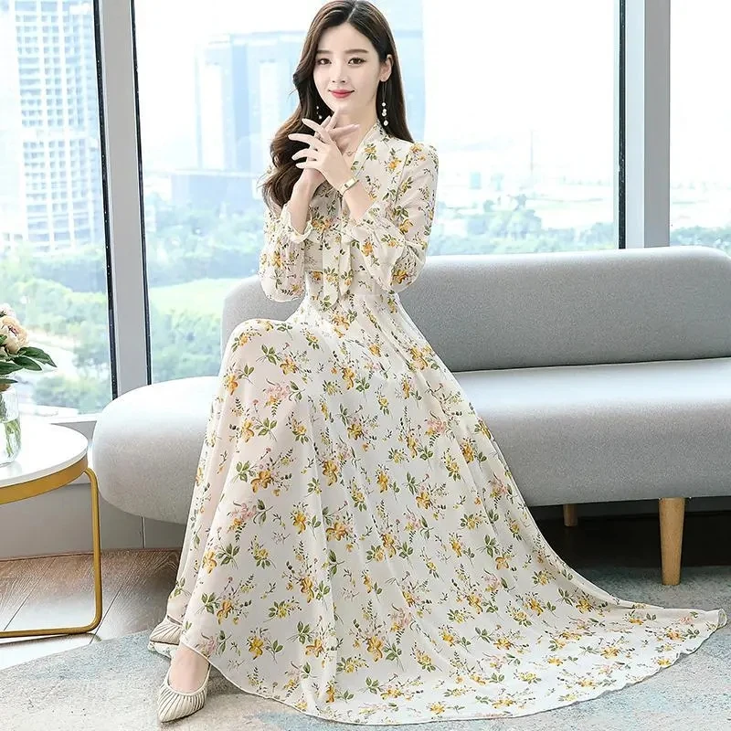 2024 Women Chiffon Casual Dress Yellow Floral Spring Long Sleeve Beach Clothes Red Elegant Fashion Maxi Dresses Vestidos