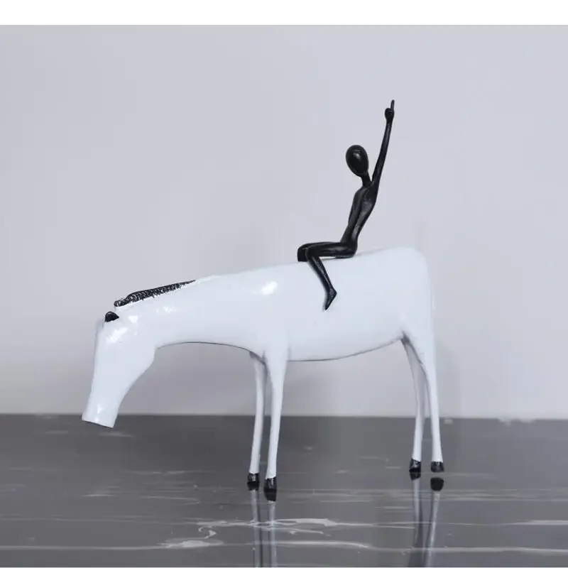 Minimalist Alloy White Horse Black Figures Riding Ornament Living Room Decoration Animal Sculpture Home Decorations Gift