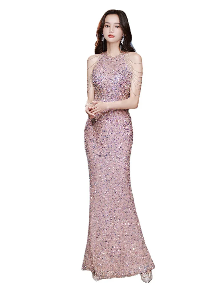 New Arrival 2024 Sexy Halter Sequin Beaded Sleeveless Formal Gown Pink Long Evening Dresses فساتين مناسبة رسمية