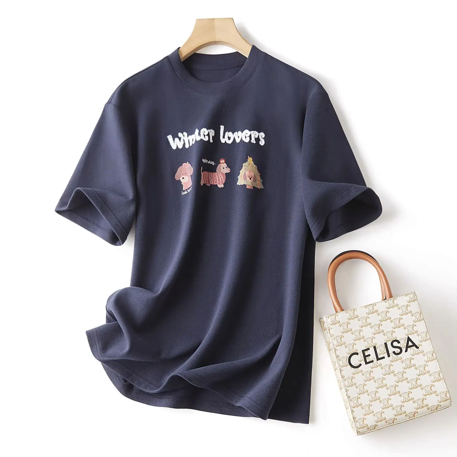 

Dave&di Double Sided Brushed Wear-resistant Wrinkle Resistant Letter Embroidered Colorful Printed Loose Casual Short Sleeve