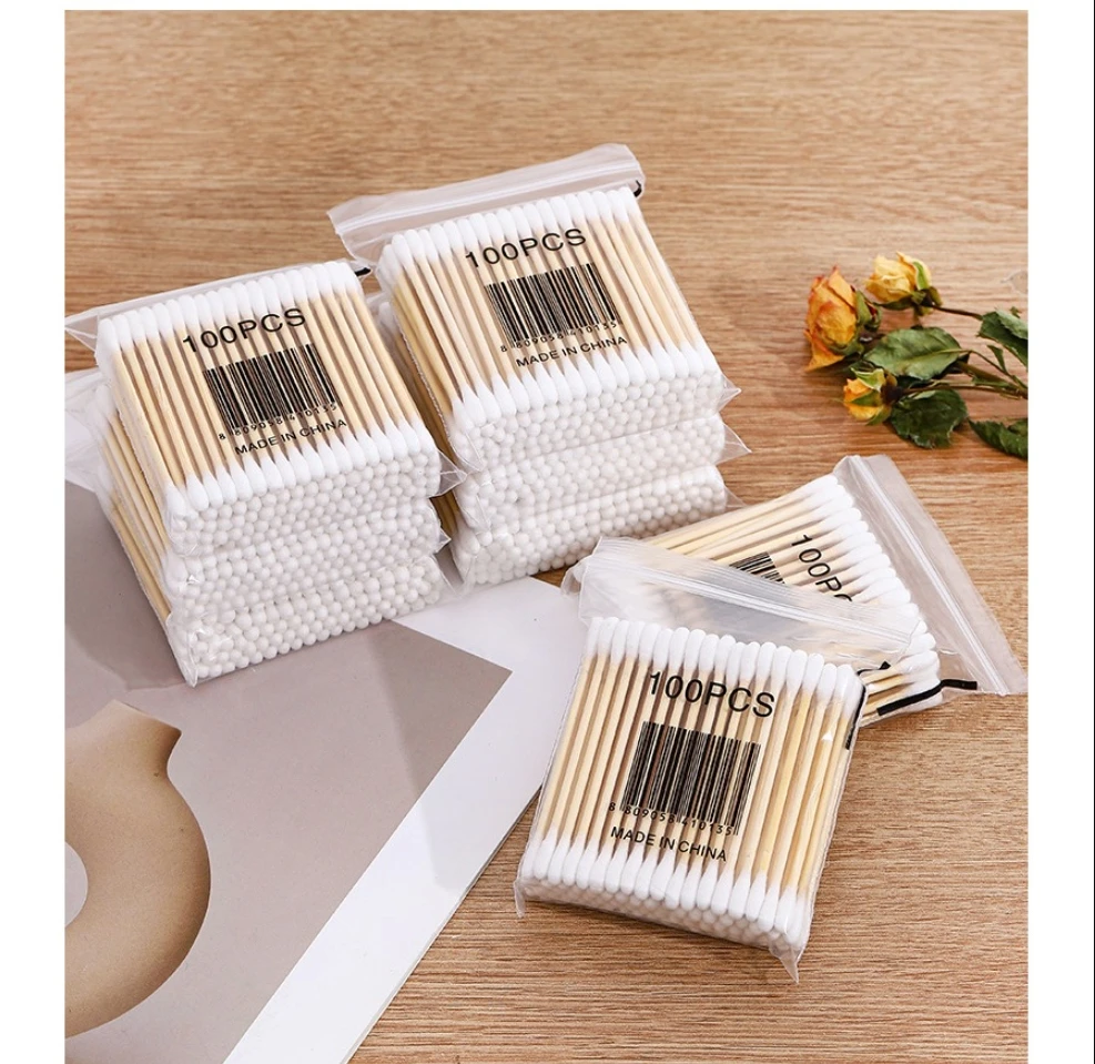 

100-Pack Double-Ended Cotton Swabs with Wooden Sticks - Round Head Cotton Buds for Makeup, Ear Cleaning & Makeup Removal​