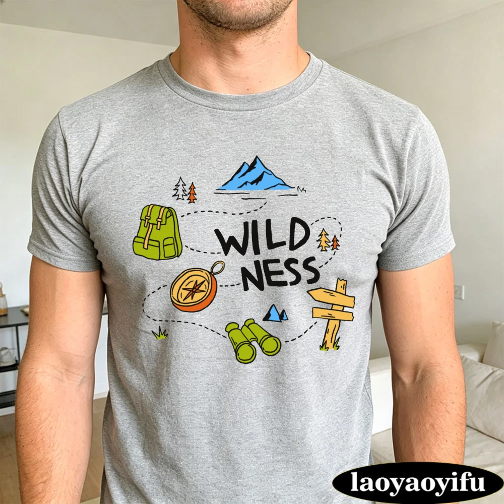 Hand Drawn Backpack Compass Binocular Wilderness Summer Men Cotton T-Shirt Hiking Camping Bold Graphic Short Sleeve Uniform