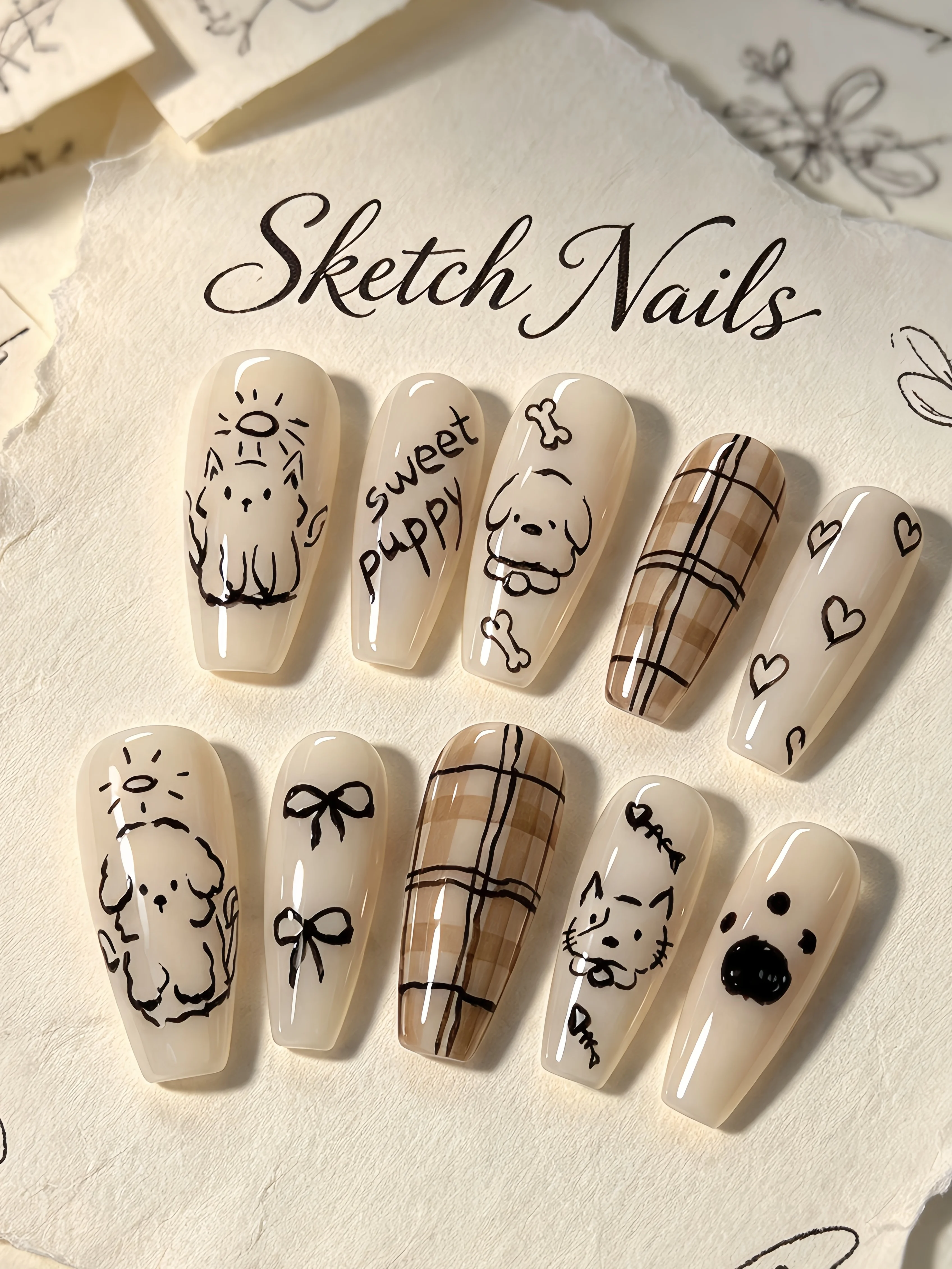 Korean-Style Healing Nail Art Nail Tips, Black Simple Hand-Drawn Cat and Dog English Fonts, Everyday Commuting Casual Handmade Wearable Nails