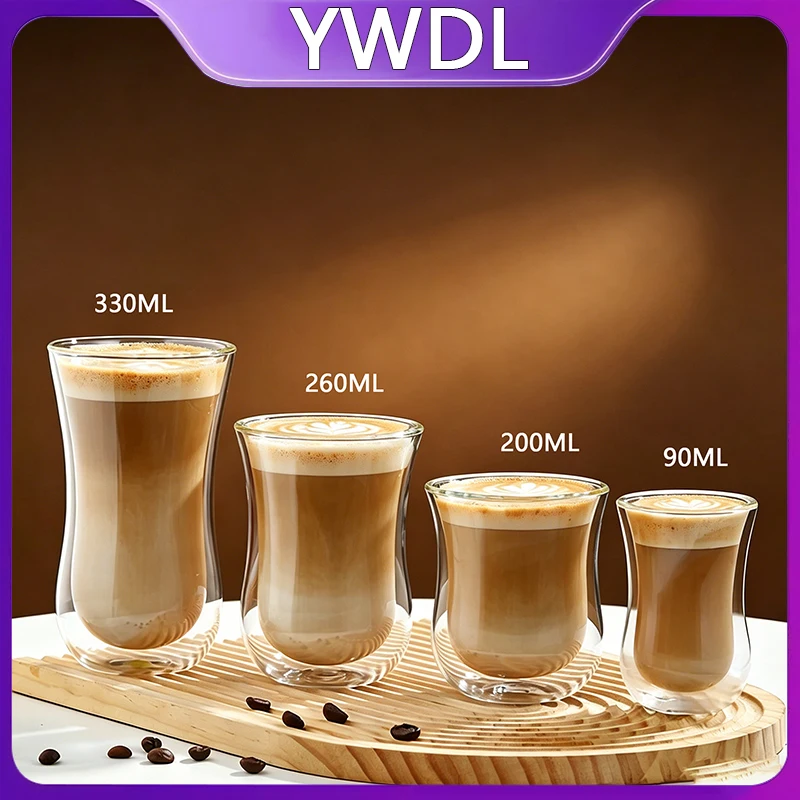 YWDL Tazas de Café de Doble Pared de Vidrio de Borosilicato de Alta Resistencia, 90/200/260/330 ml, para Bebidas Calientes y Frías, Espresso y Latte