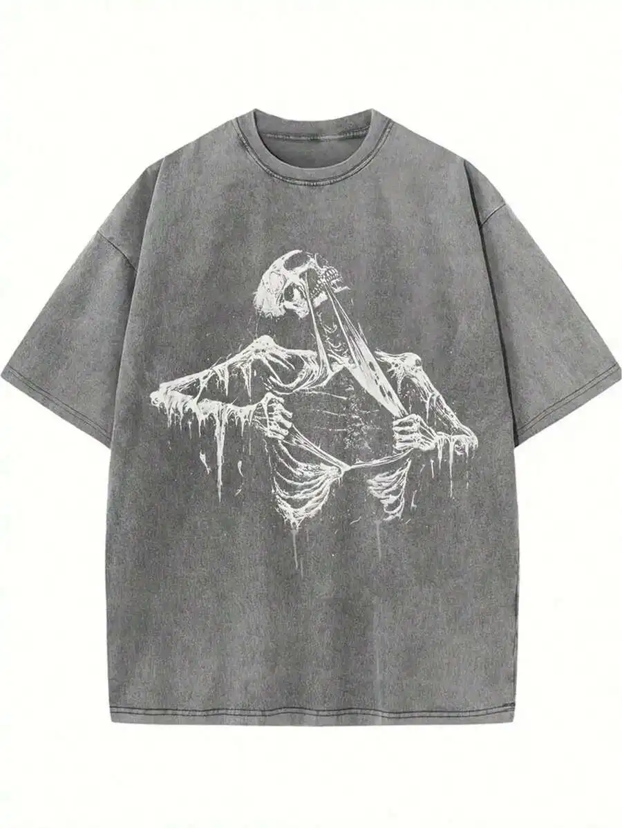 1 Pcs 230gsm New Design Printed Men's T Shirt, Versatile Round Neckline Short Sleeve T Shirt For Men - Soft & Comfortable Washed Cotton Men's Tee For All Seasons Wardrobe