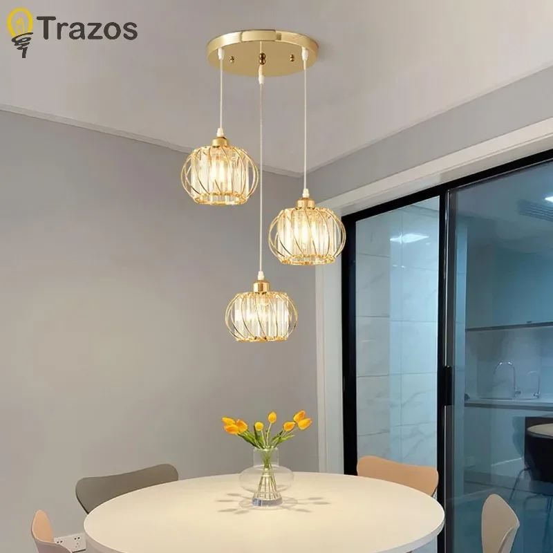 Nordic Modern Simple Black Gold Restaurant Three-head Chandelier Round Home Light Luxury Crystal Dining Table Chandelier
