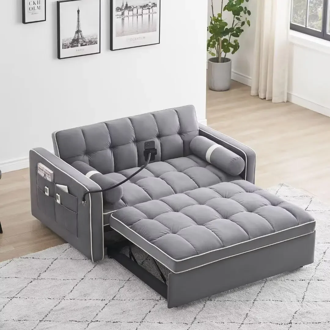 Sleeper Sofa Couch Bed, Velvet Loveseat Futon Sofa Bed, 3 in 1 Convertible Pull Out Couch with USB Port and Swivel Phone Stand