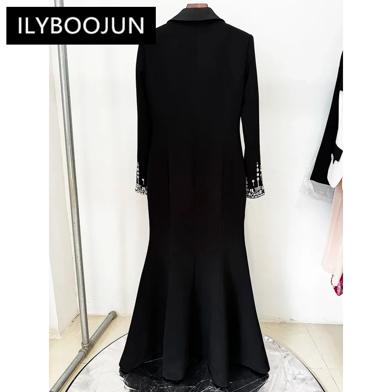 ILYBOOJUN Newest 2024 Designer Fashion Women\'s Long Sleeve Notched Collar Rhinestone Diamonds Beading Maxi Long Dress