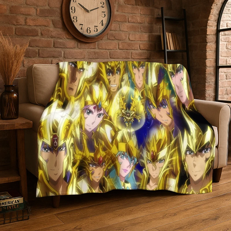 Retro Saint Seiya Anime Cartoon Flannel Blanket Soft Warm Throw Blanket for Bedroom Living Room Bed Travel Camping Picnic Gift