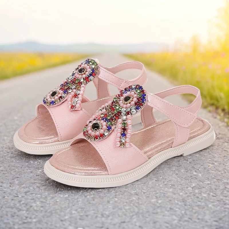 Girls' Pink Flat Sandals Primary School Students 2025 New Sandals Children Soft Rhinestone Beach Shoes Princess Flower Shoes