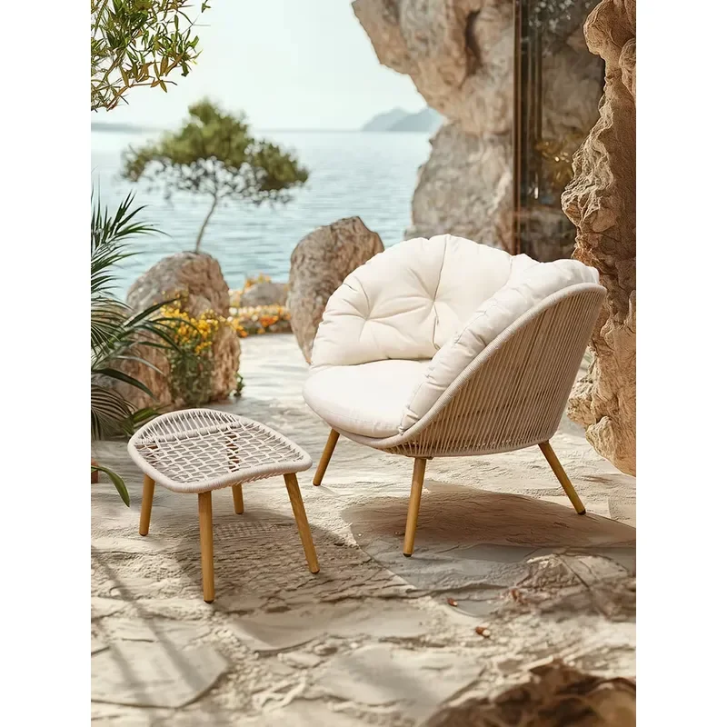 Modern Simple Outdoor Rattan Sofa and Footstool Set Waterproof Sunproof Garden Patio Furniture for Hotel Villa Courtyard