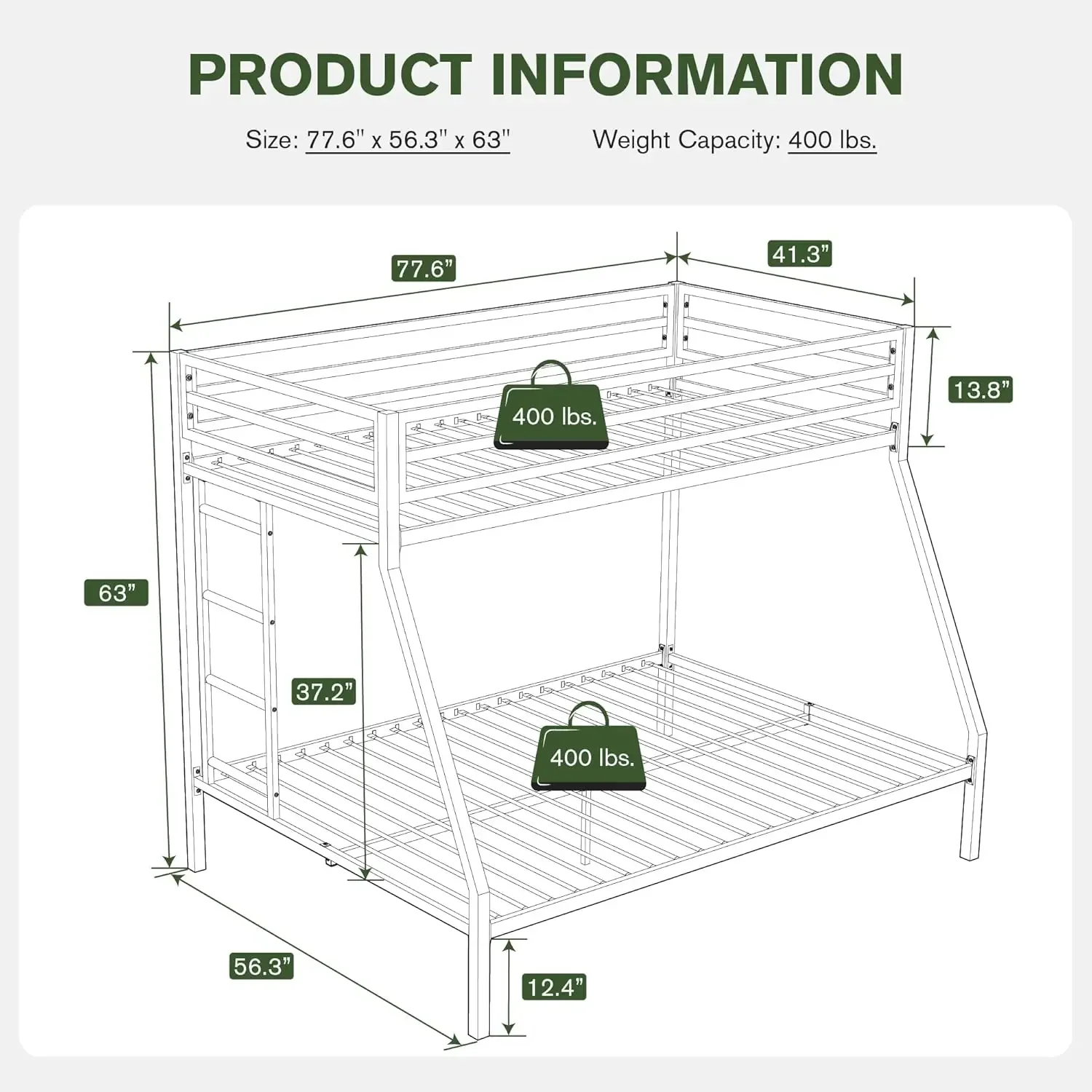 Modern Twin Over Full Metal Loft Bed with Ladder for Junior & Adults, Space-Saving Bunk Bed Frame, Sturdy & Durable, Ideal