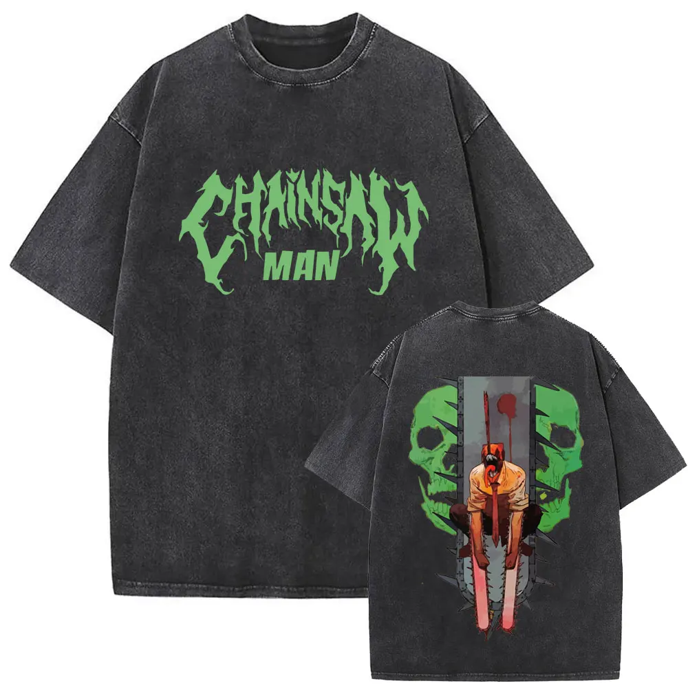 Anime Chainsaw Man Washed Vintage Oversized T-shirt Sexy Makima Reze Power Graphic Tshirt Men Women Casual Otaku Locers T Shirt